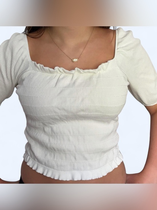 Altar'd State Tops - Altar'd State Cream Ribbed Square-Neck Puff Sleeve Crop Top SzS Coquette Cottage